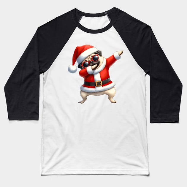 Christmas Pug Dog Dabbing Dance Baseball T-Shirt by Chromatic Fusion Studio